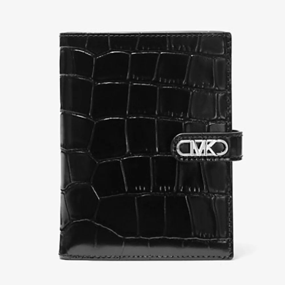 Michael Kors Empire Metallic Crocodile Embossed Leather Passport Wallet Black